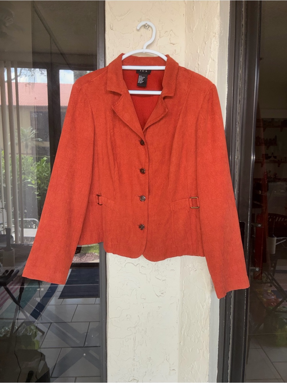 R.Q.T. Women's Structured Orange Blazer with Buckle Waist Detail